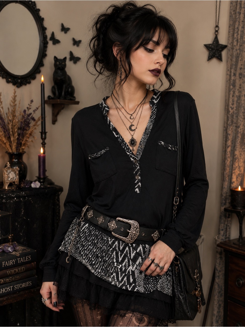 Knapp Studio Dark Romantic Whimsigoth blouse with white geometric pattern Size L